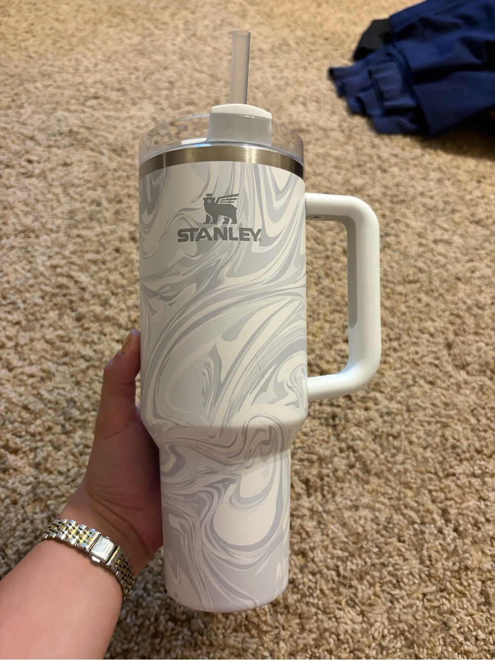 Stanley White Marble Swirl Travel Tumbler with Handle and Straw